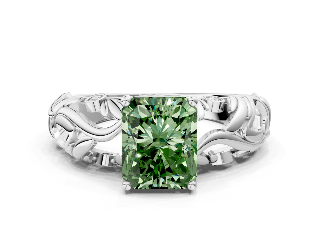 White gold Fancy Green Radiant  Solitaire Diamond Leaf Vine Band with Prong Setting_28