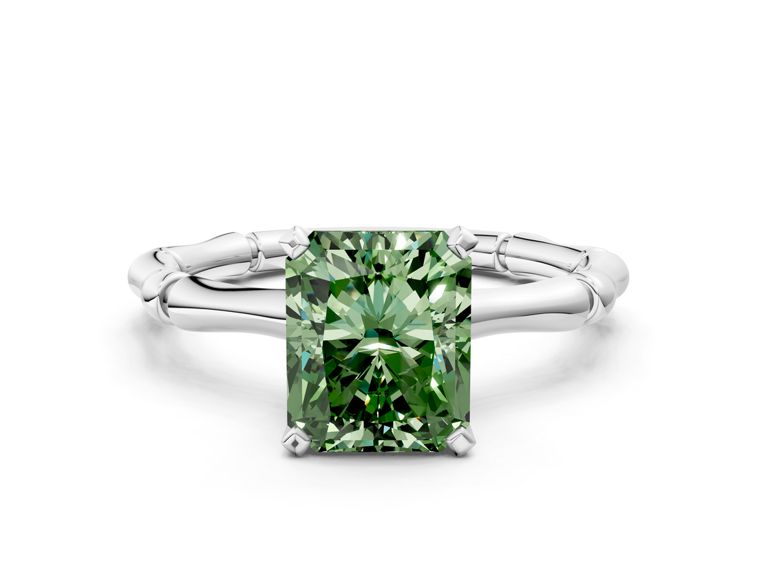 White gold Fancy Green Radiant  Solitaire Diamond Ring with Bamboo Band and Four-Prong Setting_15