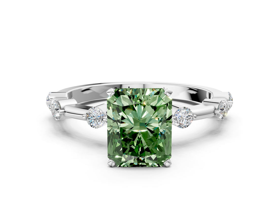 White gold Fancy Green Radiant  Solitaire Diamond Ring with Bezel Set Side Stones and Prong Setting_3