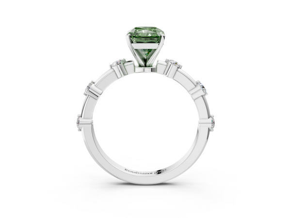 White gold Fancy Green Radiant  Solitaire Diamond Ring with Bezel Set Side Stones and Prong Setting