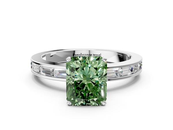 Platinum Fancy Green Radiant  Solitaire Diamond Ring with Channel-Set Baguette Band and Four-Prong Setting