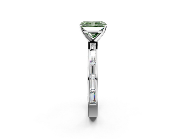 Platinum Fancy Green Radiant  Solitaire Diamond Ring with Channel-Set Baguette Band and Four-Prong Setting