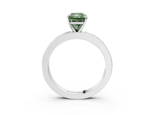 Platinum Fancy Green Radiant  Solitaire Diamond Ring with Channel-Set Baguette Band and Four-Prong Setting