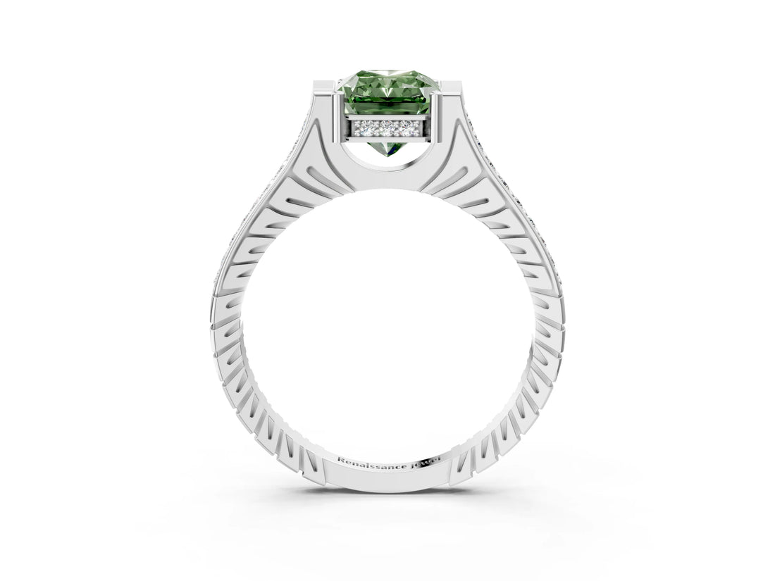 White gold Fancy Green Radiant  Solitaire Diamond Ring with Channel Set Band and Bezel Prong Setting_83