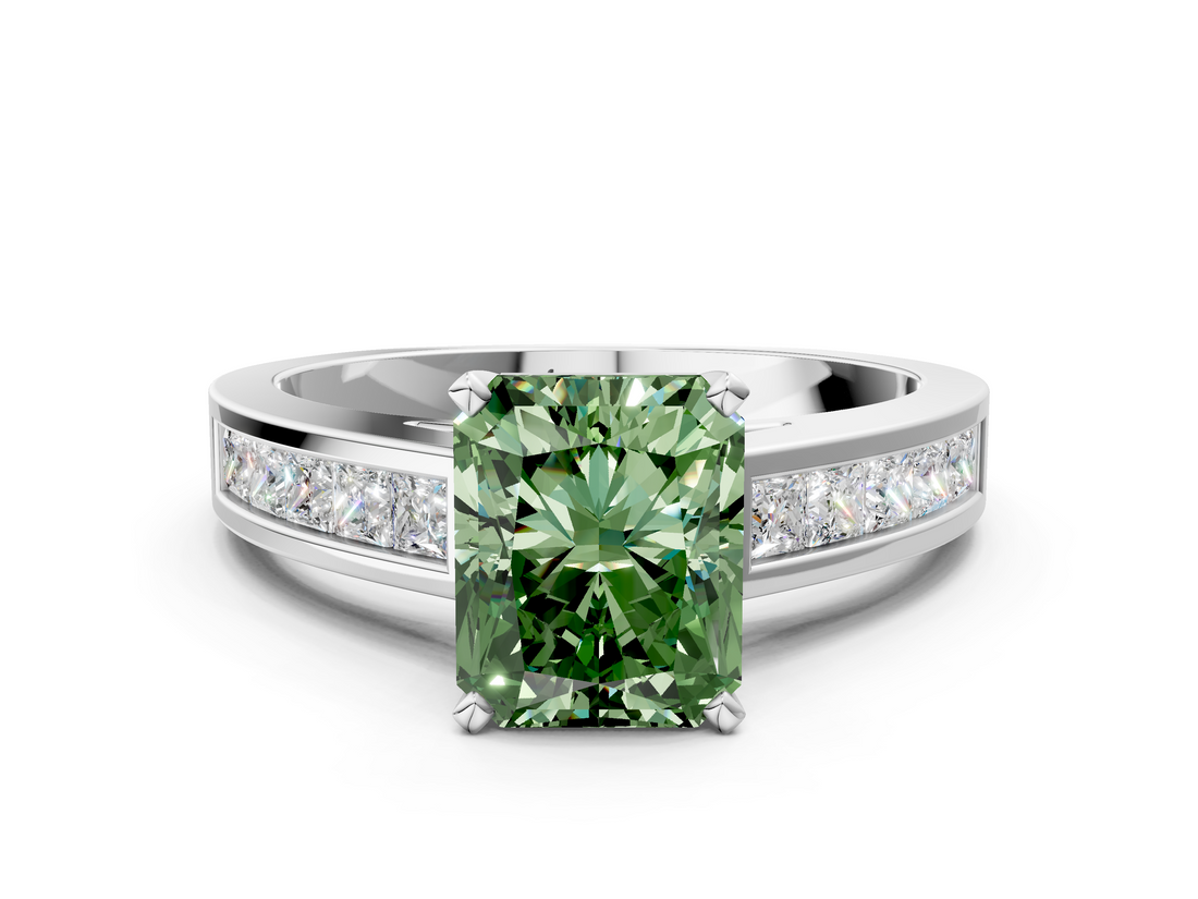 White gold Fancy Green Radiant  Solitaire Diamond Ring with Channel-Set Band and Four-Prong Setting_3