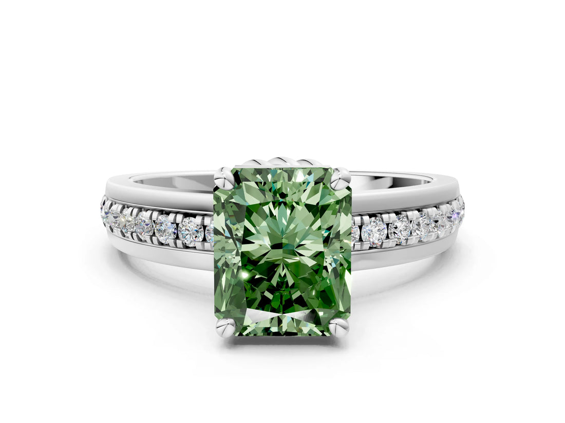 White gold Fancy Green Radiant  Solitaire Diamond Ring with Channel Set Band and Six-Prong Setting_48