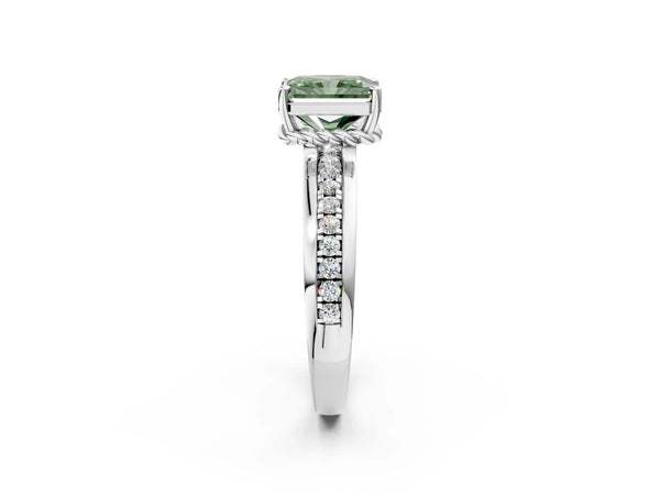 Platinum Fancy Green Radiant  Solitaire Diamond Ring with Channel Set Band and Six-Prong Setting