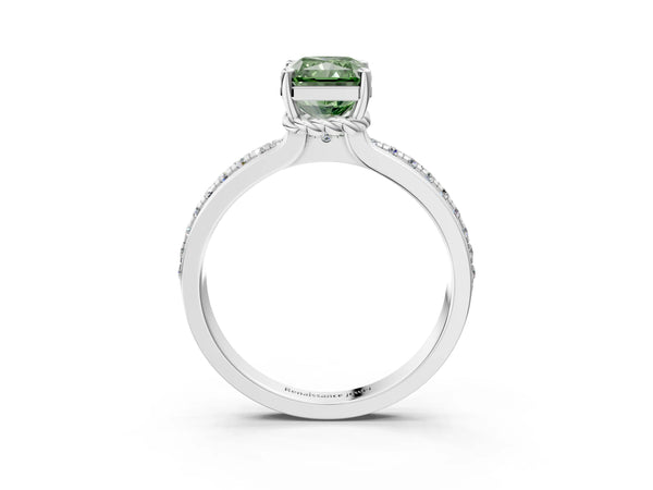 Platinum Fancy Green Radiant  Solitaire Diamond Ring with Channel Set Band and Six-Prong Setting