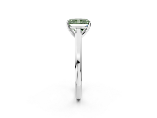 Platinum Fancy Green Radiant  Solitaire Diamond Ring with Four-Prong Setting and Classic Band