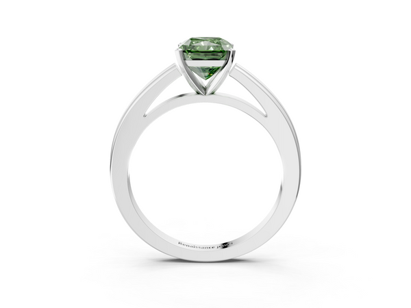 Platinum Fancy Green Radiant  Solitaire Diamond Ring with Four-Prong Setting and Classic Band