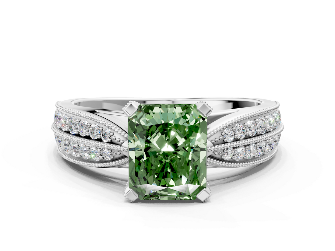 White gold Fancy Green Radiant  Solitaire Diamond Ring with Milgrain Pavé Band and Four-Prong Setting_32