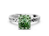 White gold Fancy Green Radiant  Solitaire Diamond Ring with Milgrain and Black Enamel X Pattern Band_233