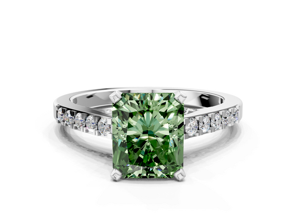 White gold Fancy Green Radiant  Diamond Solitaire Ring with Pavé Band and Prong Setting