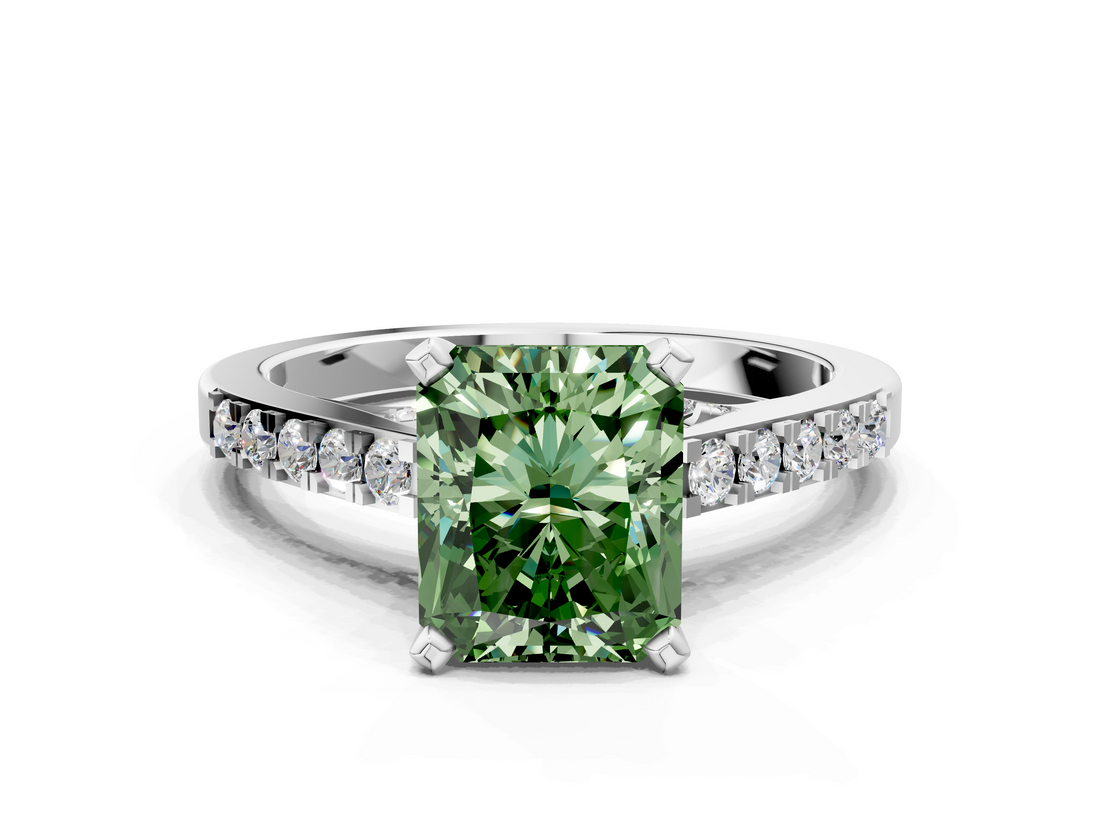 White gold Fancy Green Radiant  Solitaire Diamond Ring with Pavé Band and Four-Prong Setting_92