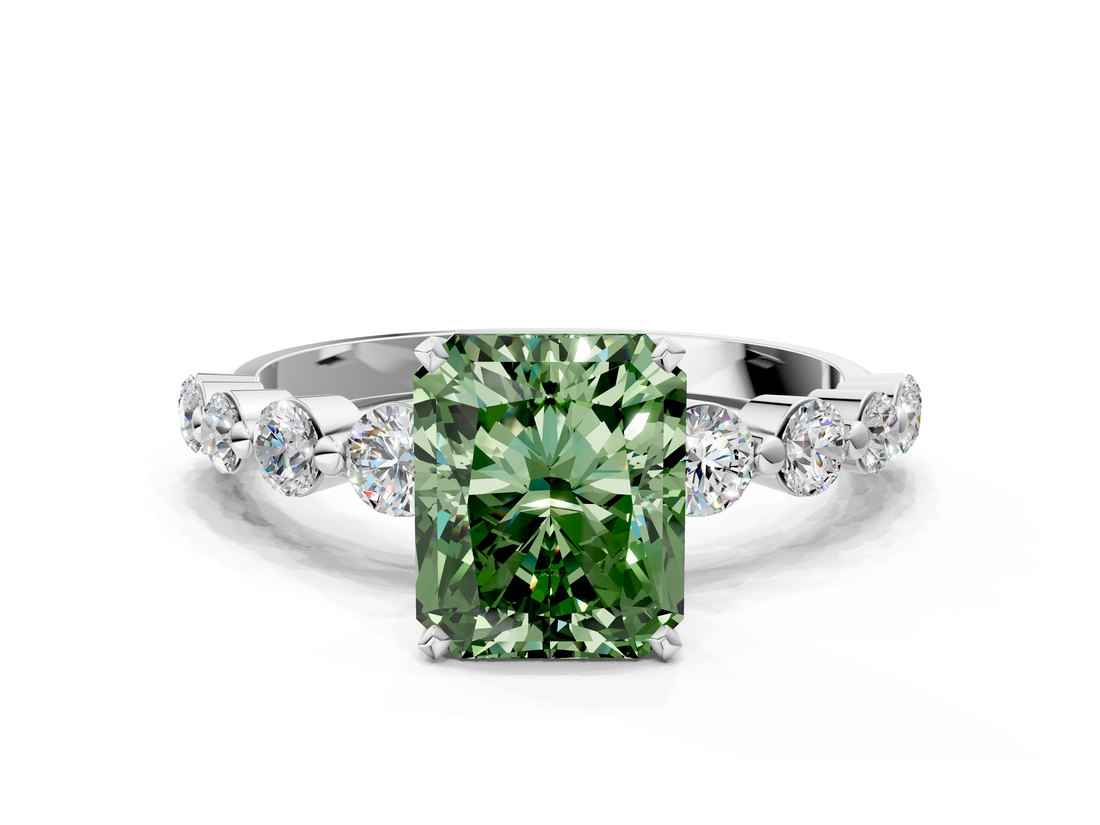 White gold Fancy Green Radiant  Solitaire Diamond Ring with Pave Band and Four-Prong Setting_249