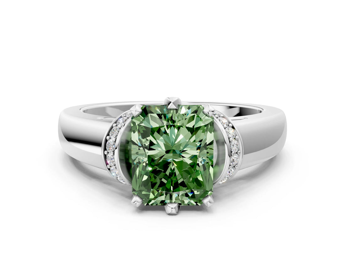 White gold Fancy Green Radiant  Solitaire Diamond Ring with Pave Band and Six-Prong Setting_32
