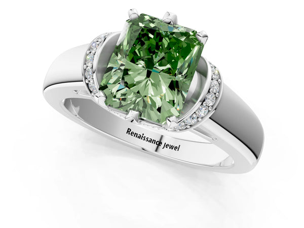 White gold Fancy Green Radiant  Solitaire Diamond Ring with Pave Band and Six-Prong Setting