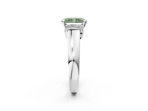 White gold Fancy Green Radiant  Solitaire Diamond Ring with Pave Band and Six-Prong Setting