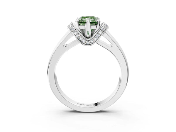 White gold Fancy Green Radiant  Solitaire Diamond Ring with Pave Band and Six-Prong Setting