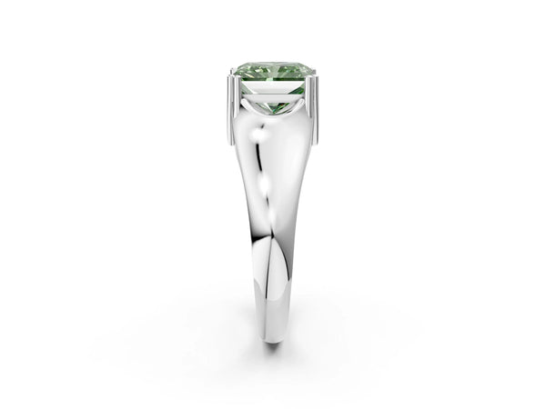 Platinum Fancy Green Radiant Cut Diamond Solitaire Ring with Wide Band and Prong Setting