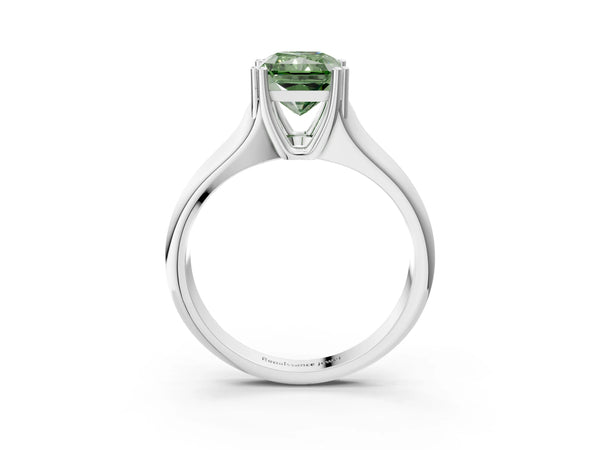 Platinum Fancy Green Radiant Cut Diamond Solitaire Ring with Wide Band and Prong Setting