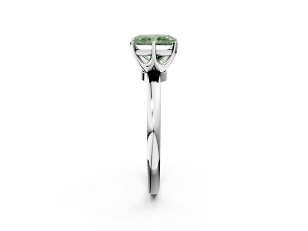 White gold Fancy Green Radiant  Solitaire Diamond Ring with Six-Prong Setting on a Classic Band