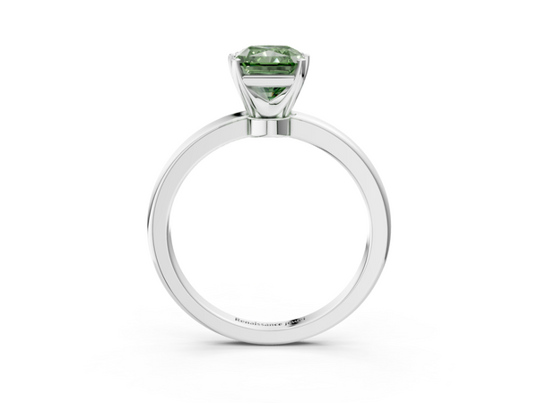 White gold Fancy Green Radiant  Solitaire Diamond Ring with Six-Prong Setting on a Classic Band