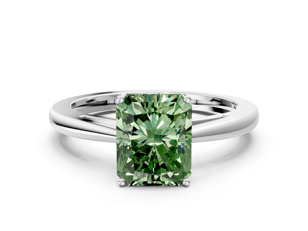 White gold Fancy Green Radiant  Solitaire Diamond Ring with Split Shank and Four-Prong Setting