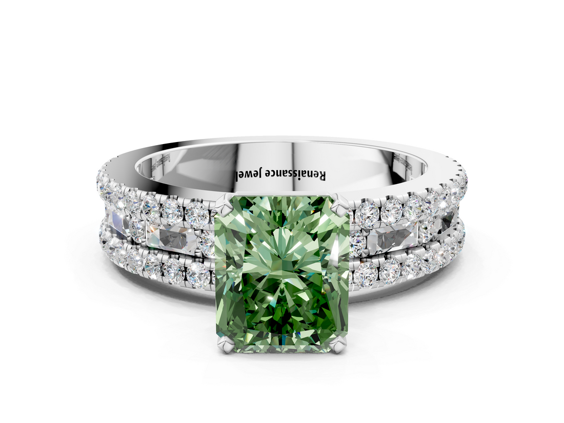 White gold Fancy Green Radiant  Solitaire Diamond with Pave and Channel Set Band_58