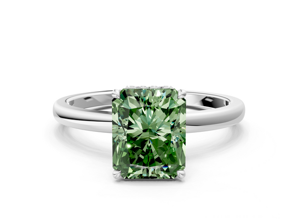 Platinum Fancy Green Radiant  Solitaire Engagement Ring with Cathedral Band and Four-Prong Setting