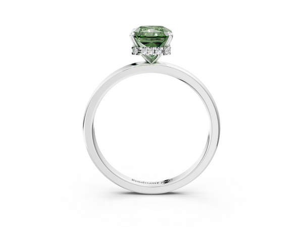 Platinum Fancy Green Radiant  Solitaire Engagement Ring with Cathedral Band and Four-Prong Setting