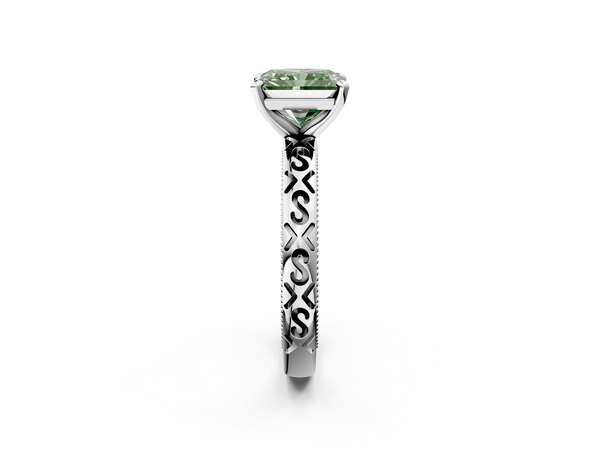 White gold Fancy Green Radiant  Solitaire Engagement Ring with Scrollwork Band and Four-Prong Setting