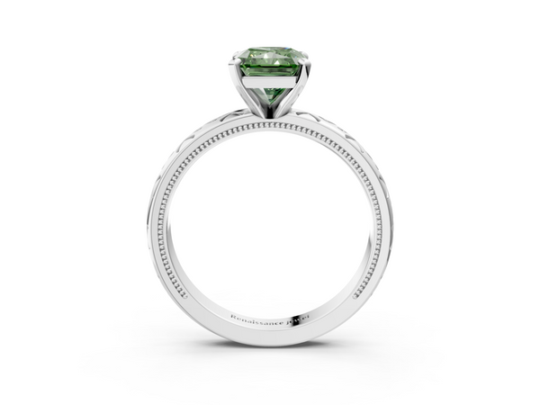White gold Fancy Green Radiant  Solitaire Engagement Ring with Scrollwork Band and Four-Prong Setting