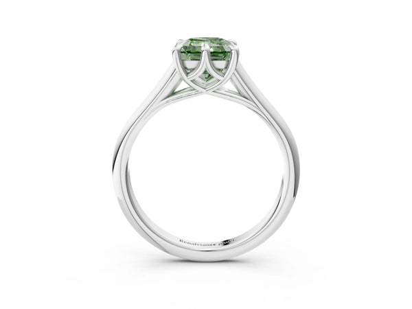White gold Fancy Green Radiant  Solitaire Engagement Ring with Six-Prong Setting and Classic Band