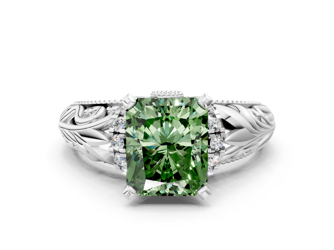 White gold Fancy Green Radiant  Solitaire Filigree Engagement Ring with Halo and Prong Setting_48