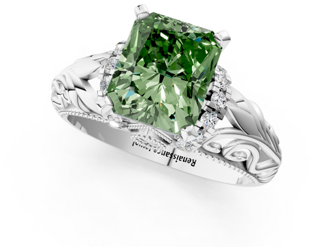 White gold Fancy Green Radiant  Solitaire Filigree Engagement Ring with Halo and Prong Setting_49