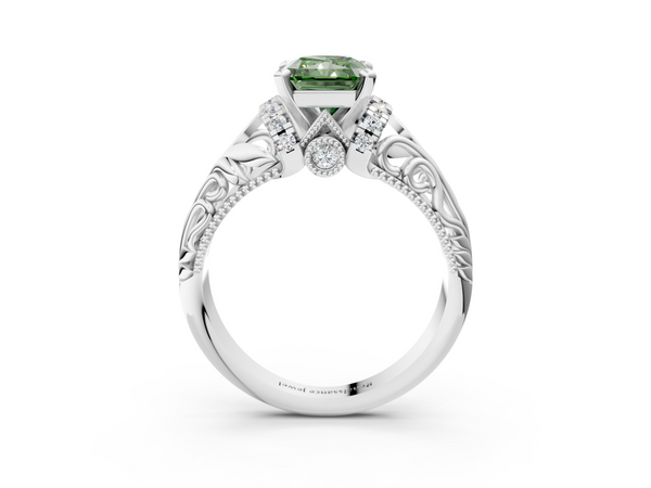 White gold Fancy Green Radiant  Solitaire Filigree Engagement Ring with Halo and Prong Setting