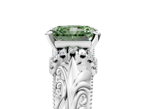 White gold Fancy Green Radiant  Solitaire Filigree Engagement Ring with Halo and Prong Setting_53