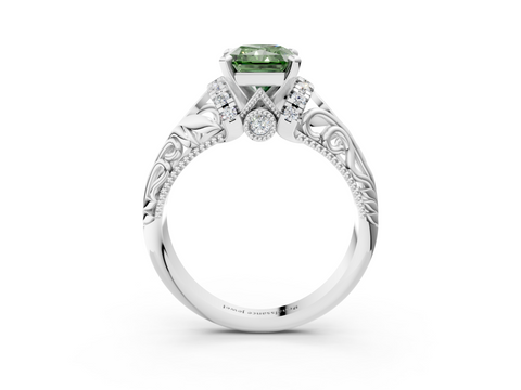 White gold Fancy Green Radiant  Solitaire Filigree Engagement Ring with Halo and Prong Setting_71