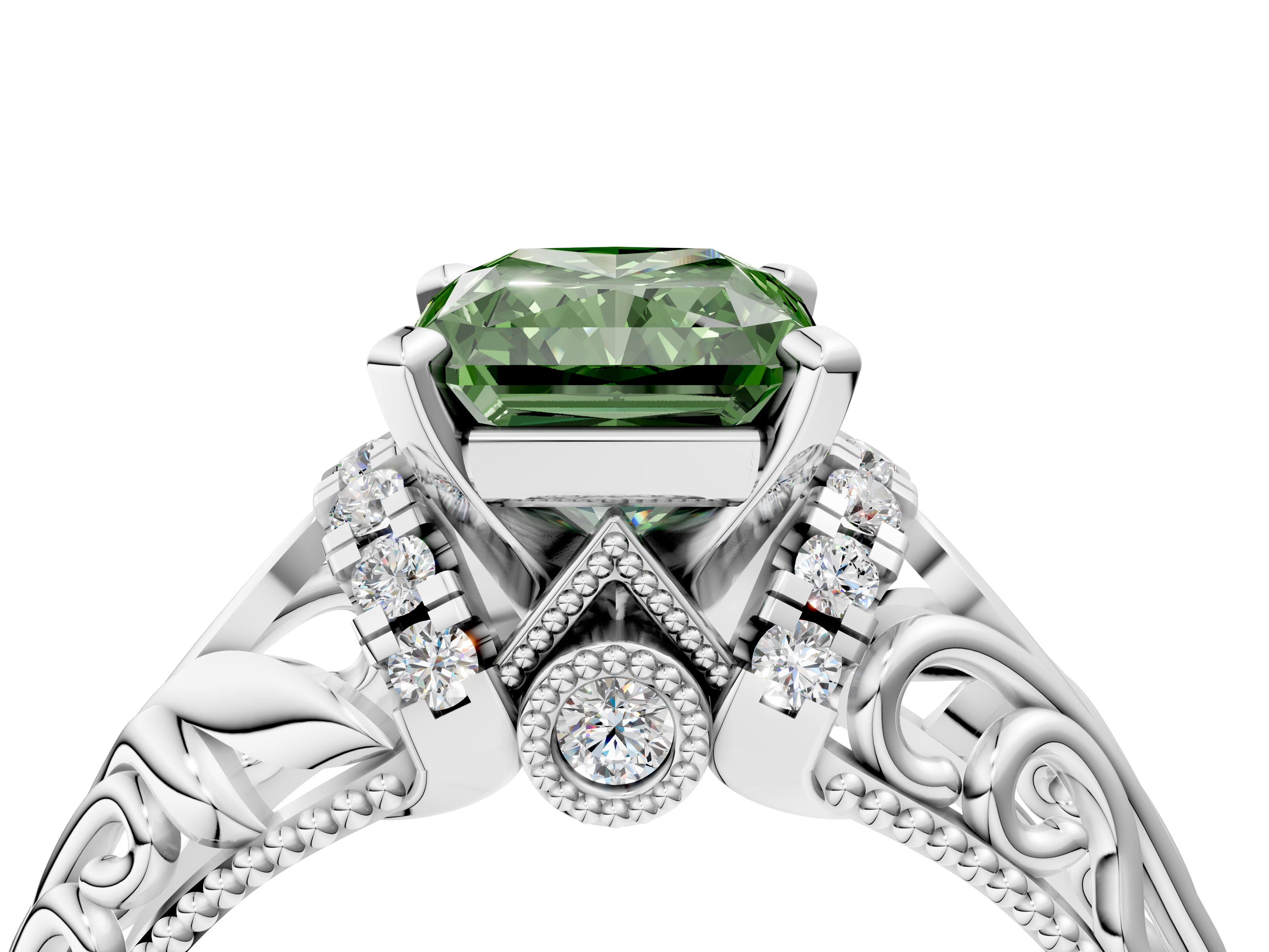 White gold Fancy Green Radiant  Solitaire Filigree Engagement Ring with Halo and Prong Setting_72