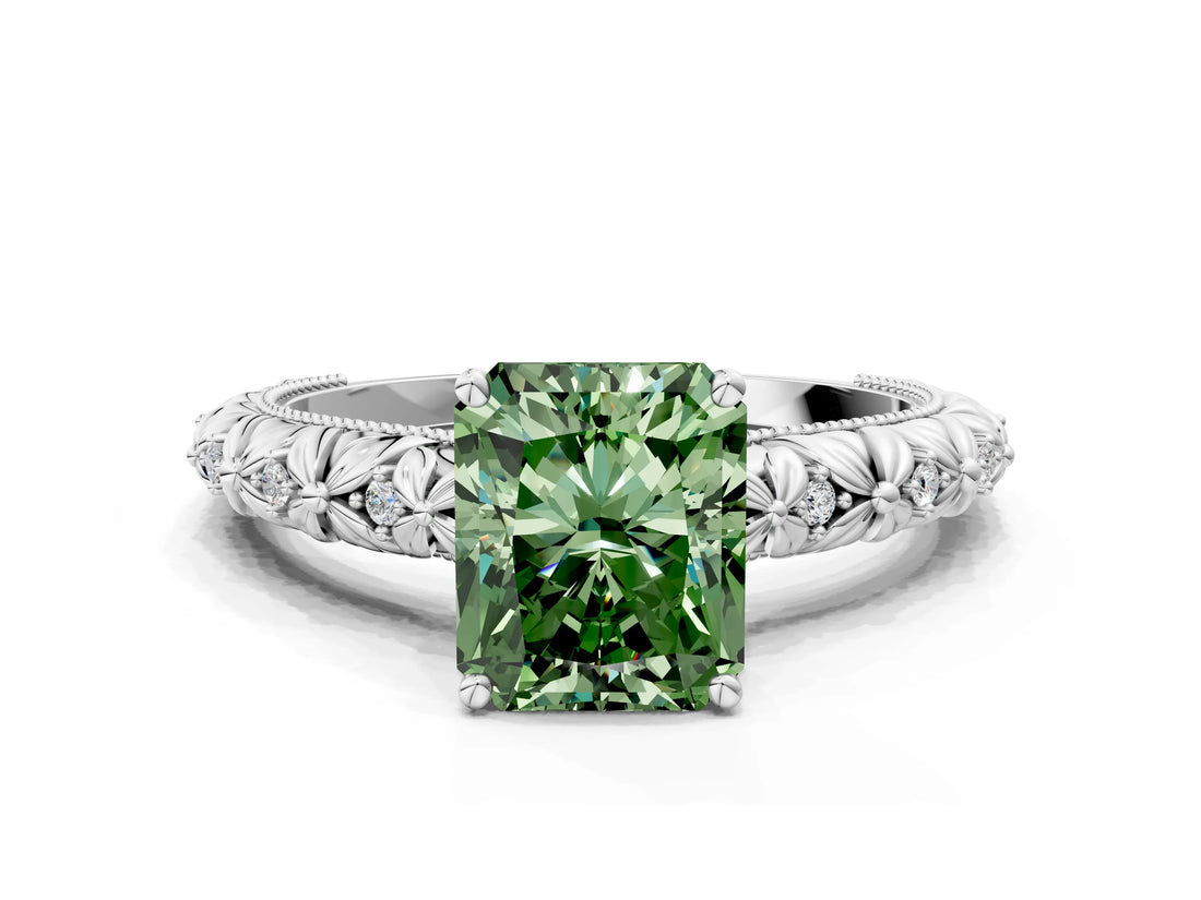 White gold Fancy Green Radiant  Solitaire Floral Milgrain Engagement Ring_32