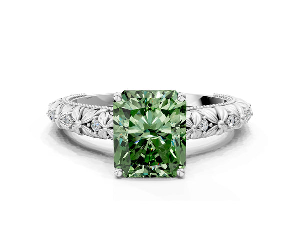 White gold Fancy Green Radiant  Solitaire Floral Milgrain Engagement Ring