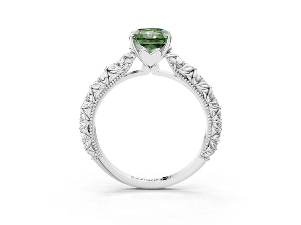 White gold Fancy Green Radiant  Solitaire Floral Milgrain Engagement Ring