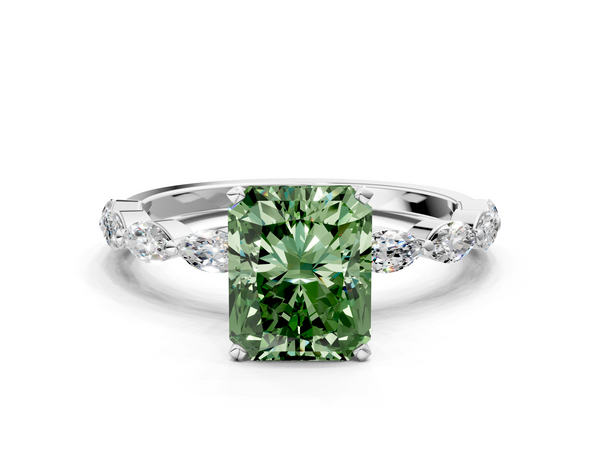 Platinum Fancy Green Radiant Cut Diamond Ring with Marquise Side Stones and Prong Setting