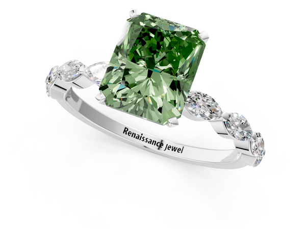 Platinum Fancy Green Radiant Cut Diamond Ring with Marquise Side Stones and Prong Setting