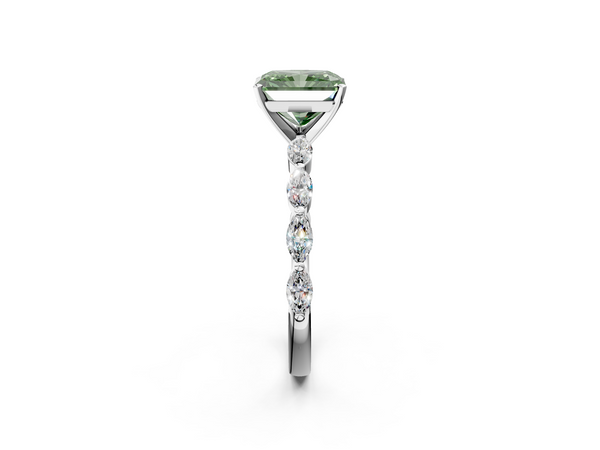 Platinum Fancy Green Radiant Cut Diamond Ring with Marquise Side Stones and Prong Setting