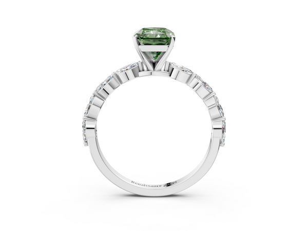 Platinum Fancy Green Radiant Cut Diamond Ring with Marquise Side Stones and Prong Setting