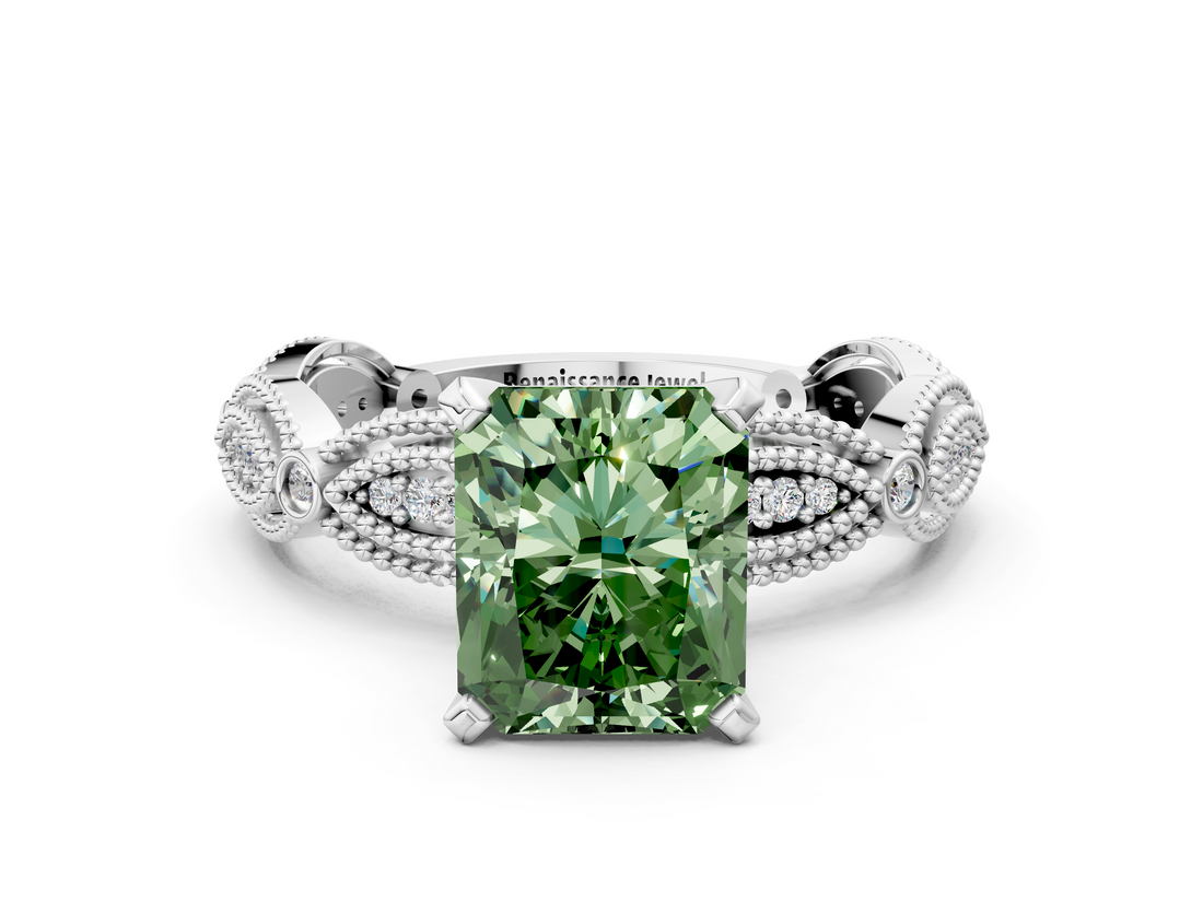 White gold Fancy Green Radiant  Solitaire Milgrain Diamond Engagement Ring with Bezel and Marquise Band_126