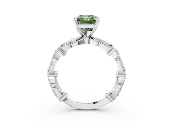 White gold Fancy Green Radiant  Solitaire Milgrain Diamond Engagement Ring with Bezel and Marquise Band