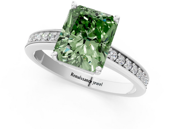 White gold Fancy Green Radiant  Solitaire Pavé Band Prong Setting Ring
